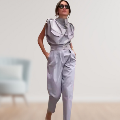 Women's High Waist Sleeveless Jumpsuit with Removable Belt