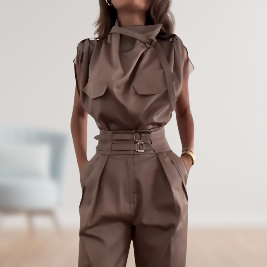 Women's High Waist Sleeveless Jumpsuit with Removable Belt