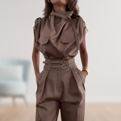 Women's High Waist Sleeveless Jumpsuit with Removable Belt