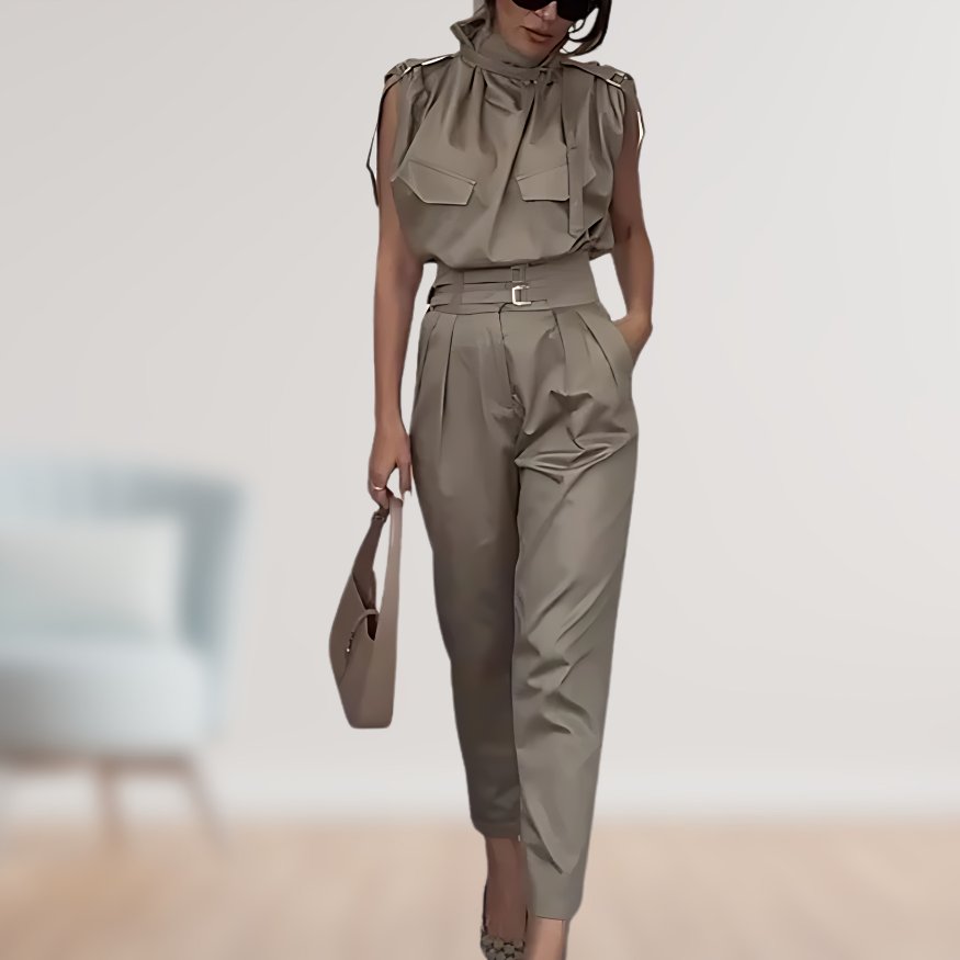 Women's High Waist Sleeveless Jumpsuit with Removable Belt