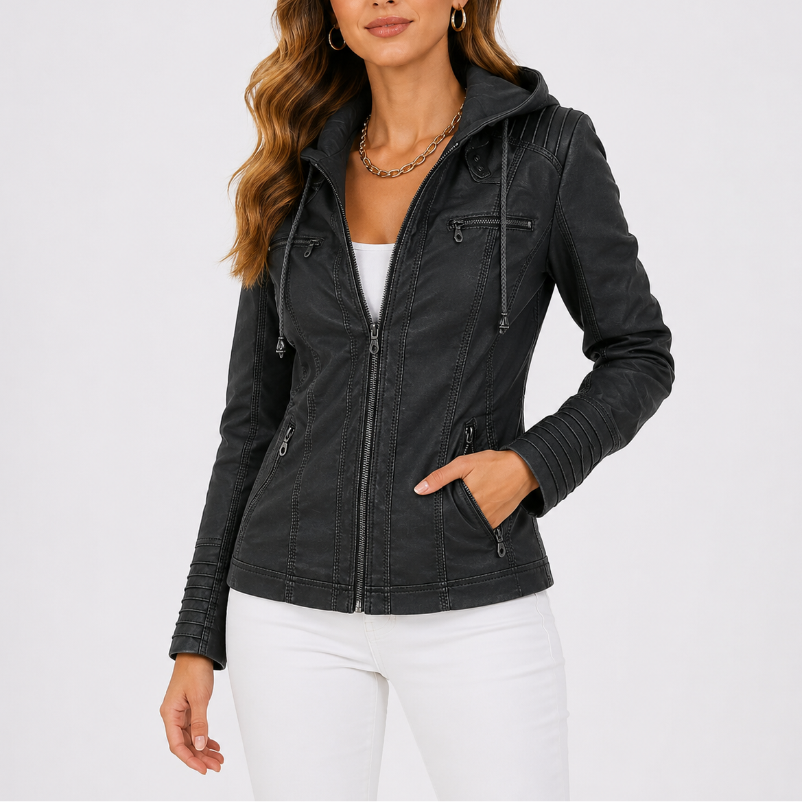 Women's Hooded Leather Jacket with Zip Pockets