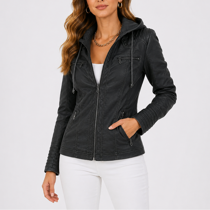 Women's Hooded Leather Jacket with Zip Pockets
