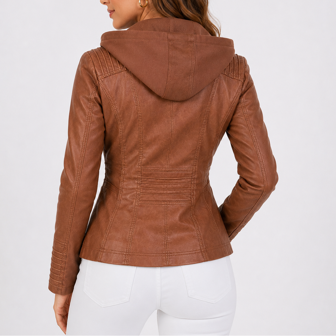 Women's Hooded Leather Jacket with Zip Pockets