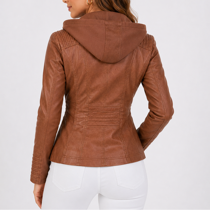 Women's Hooded Leather Jacket with Zip Pockets