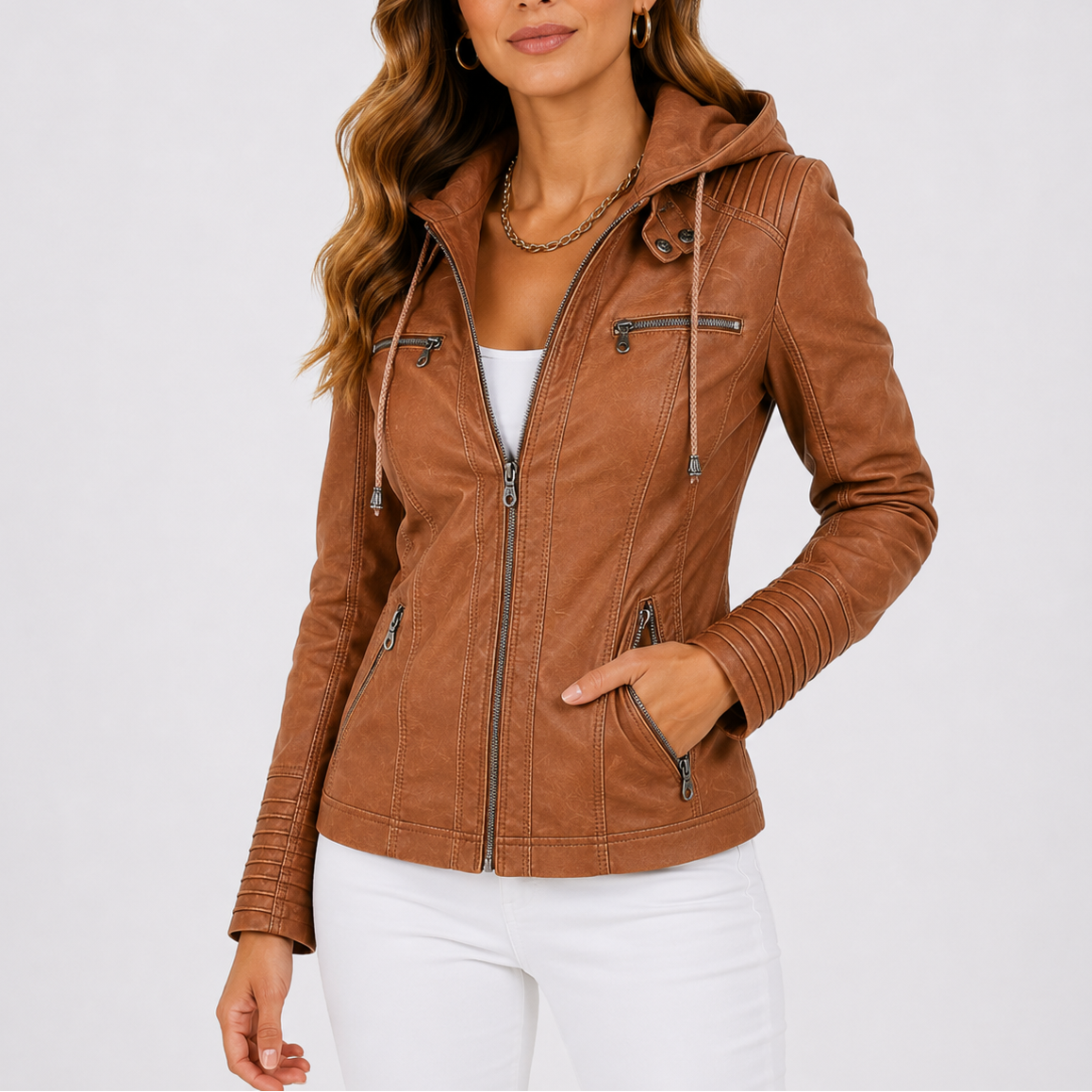 Women's Hooded Leather Jacket with Zip Pockets