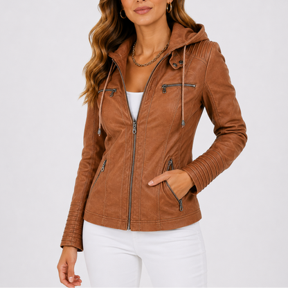 Women's Hooded Leather Jacket with Zip Pockets
