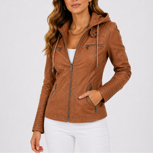 Women's Hooded Leather Jacket with Zip Pockets
