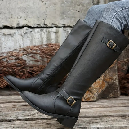 Women's Knee High Boots with Double Buckles and Low Block Heel