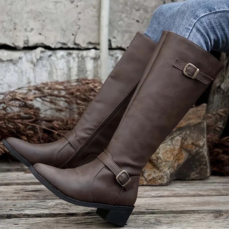 Women's Knee High Boots with Double Buckles and Low Block Heel