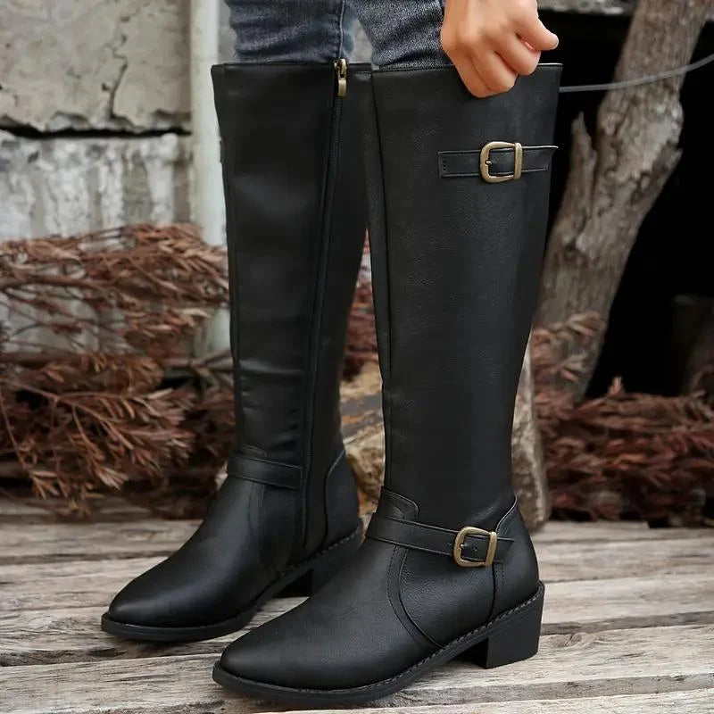 Women's Knee High Boots with Double Buckles and Low Block Heel