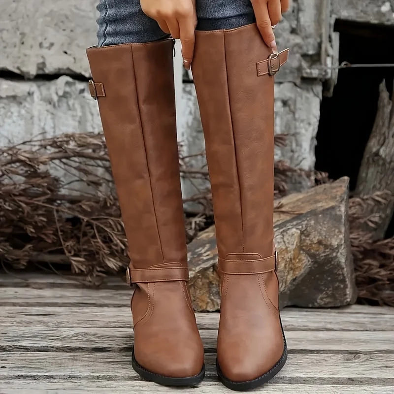 Women's Knee High Boots with Double Buckles and Low Block Heel