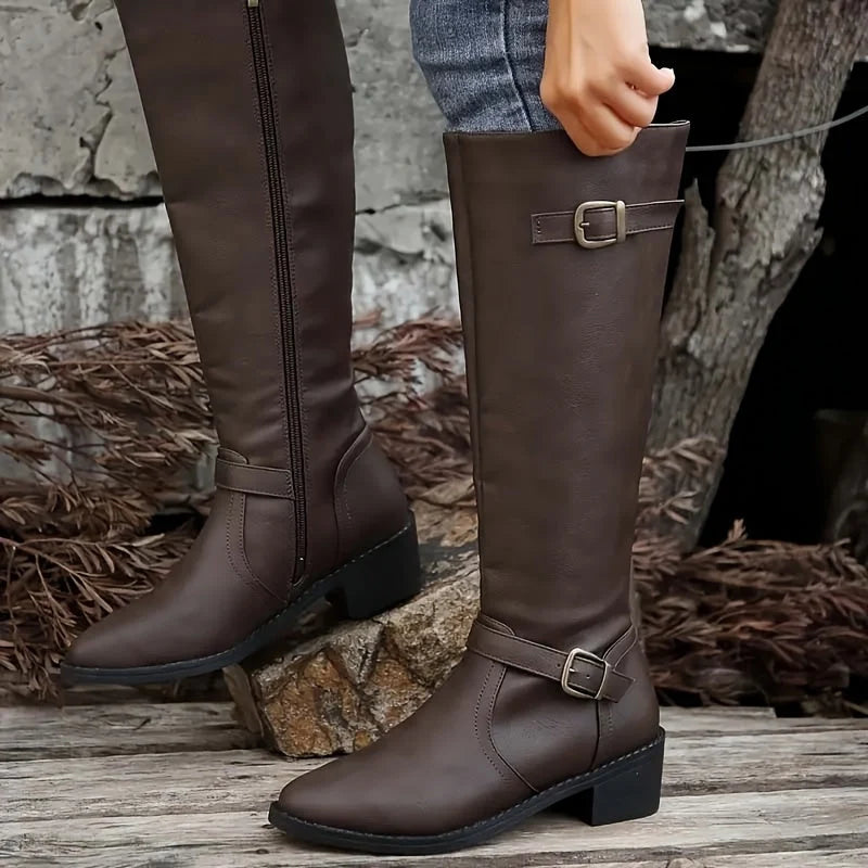 Women's Knee High Boots with Double Buckles and Low Block Heel
