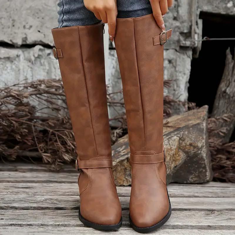 Women's Knee High Boots with Double Buckles and Low Block Heel