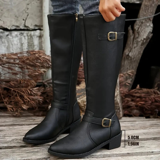 Women's Knee High Boots with Double Buckles and Low Block Heel