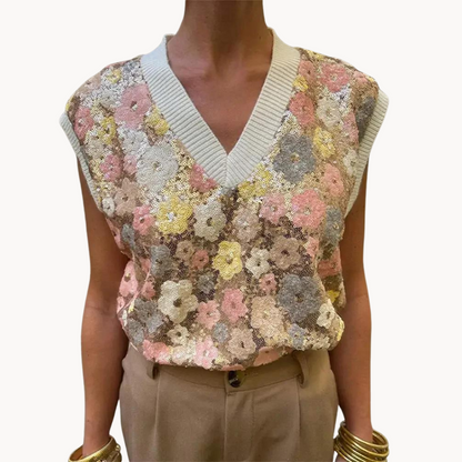 Women's Knitted Sweater Vest with Dahlia Flower Design