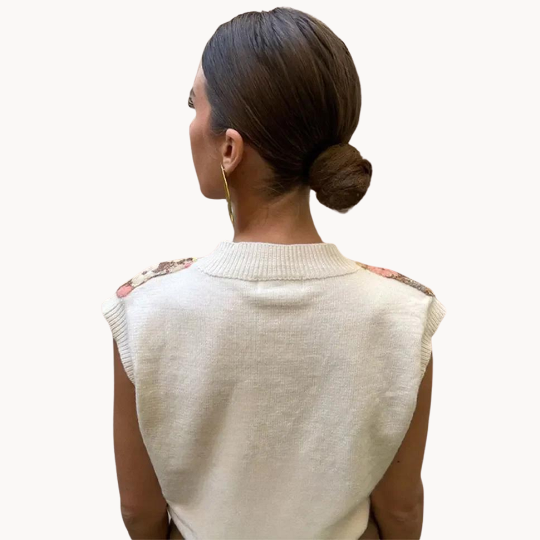 Women's Knitted Sweater Vest with Dahlia Flower Design