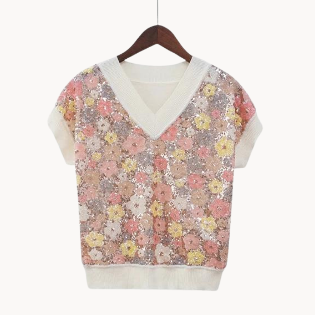 Women's Knitted Sweater Vest with Dahlia Flower Design