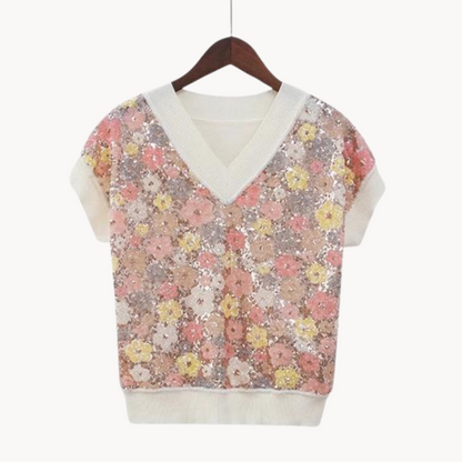 Women's Knitted Sweater Vest with Dahlia Flower Design