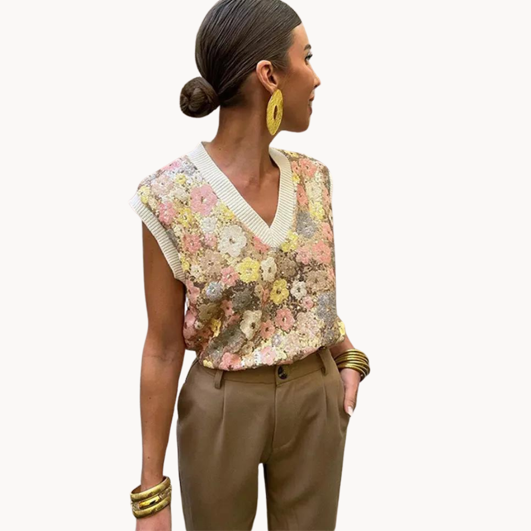 Women's Knitted Sweater Vest with Dahlia Flower Design