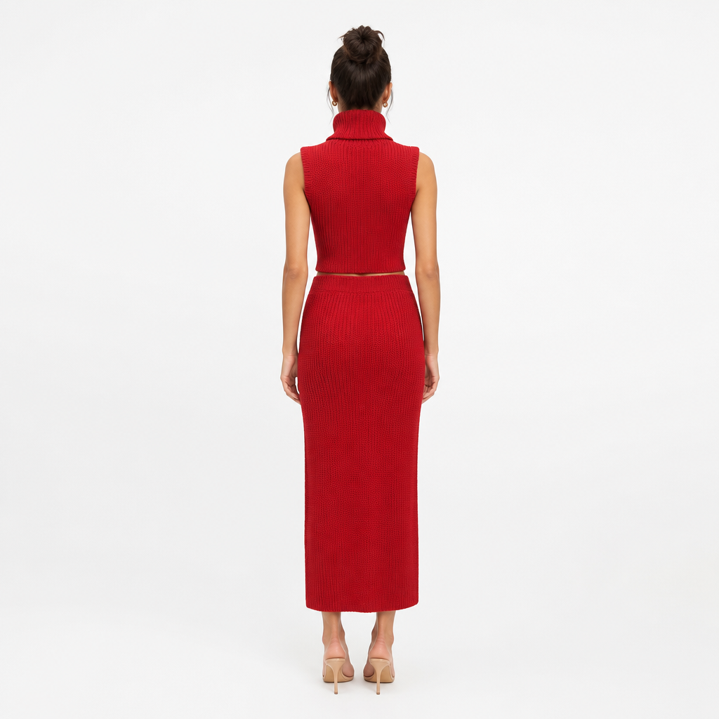 Women's Knitted Turtleneck Vest and High-Waist Skirt Set