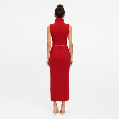 Women's Knitted Turtleneck Vest and High-Waist Skirt Set