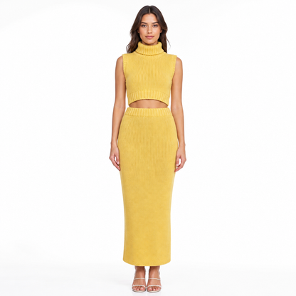 Women's Knitted Turtleneck Vest and High-Waist Skirt Set