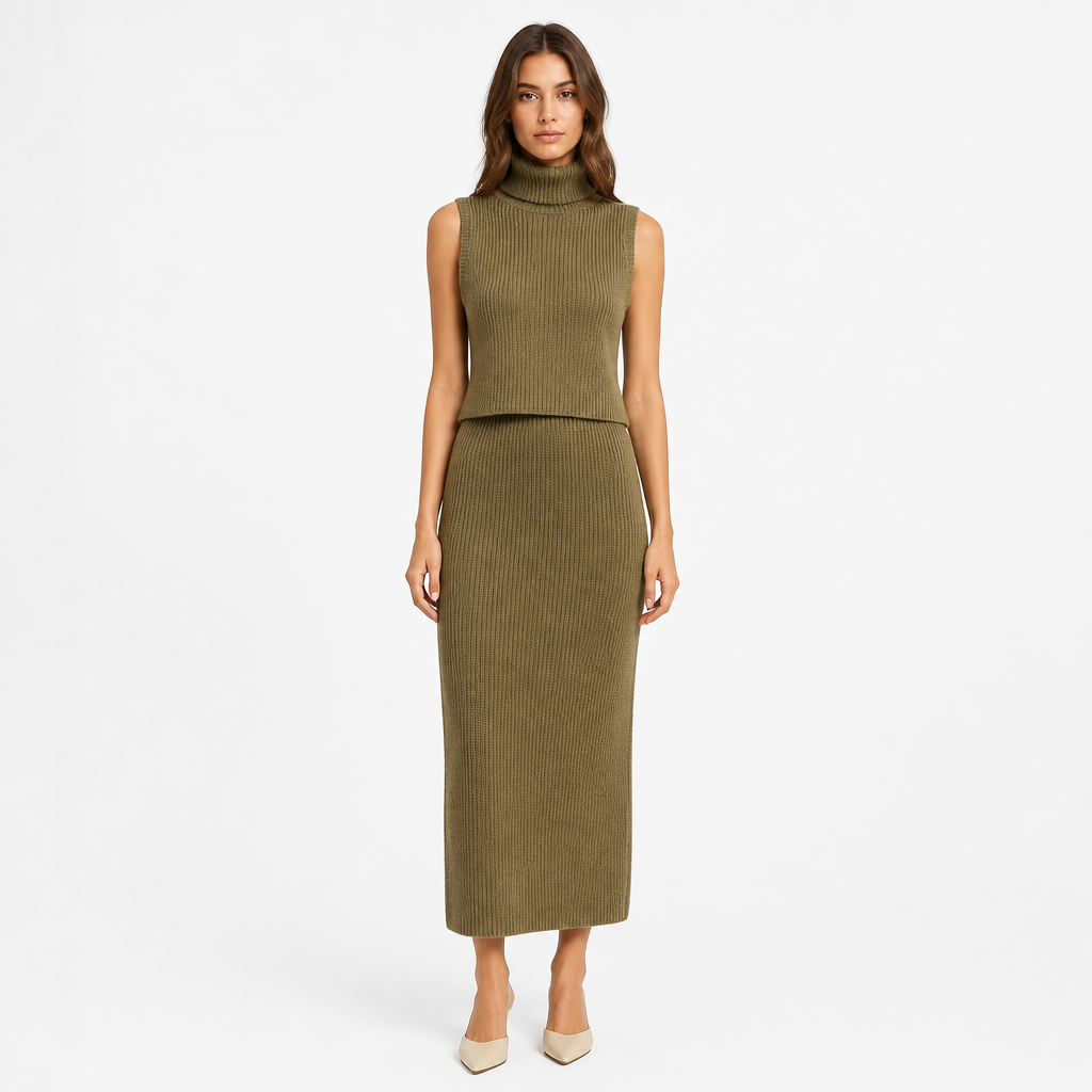 Women's Knitted Turtleneck Vest and High-Waist Skirt Set