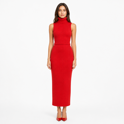 Women's Knitted Turtleneck Vest and High-Waist Skirt Set