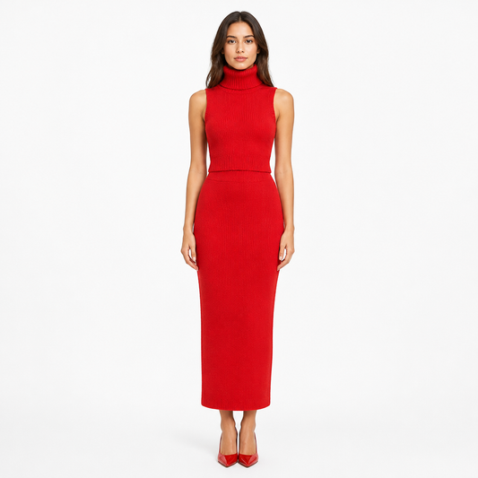 Women's Knitted Turtleneck Vest and High-Waist Skirt Set