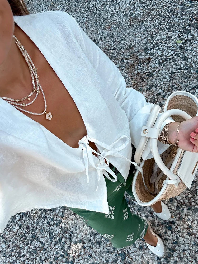 Women's Lace-Up Cropped Top with Long Sleeves