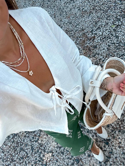 Women's Lace-Up Cropped Top with Long Sleeves