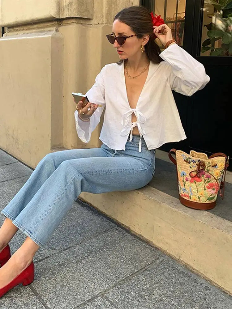 Women's Lace-Up Cropped Top with Long Sleeves