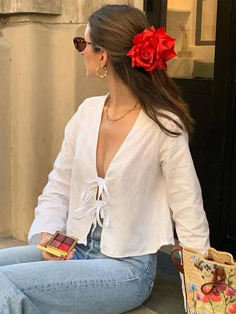 Women's Lace-Up Cropped Top with Long Sleeves