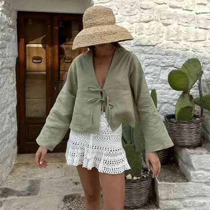 Women's Lace-Up Cropped Top with Long Sleeves