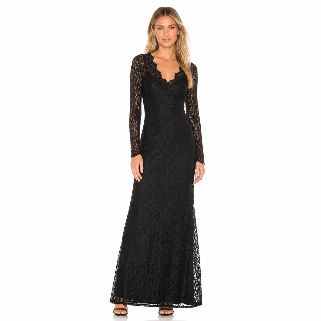 Women's Lace V-Neck Long Sleeve Maxi Dress
