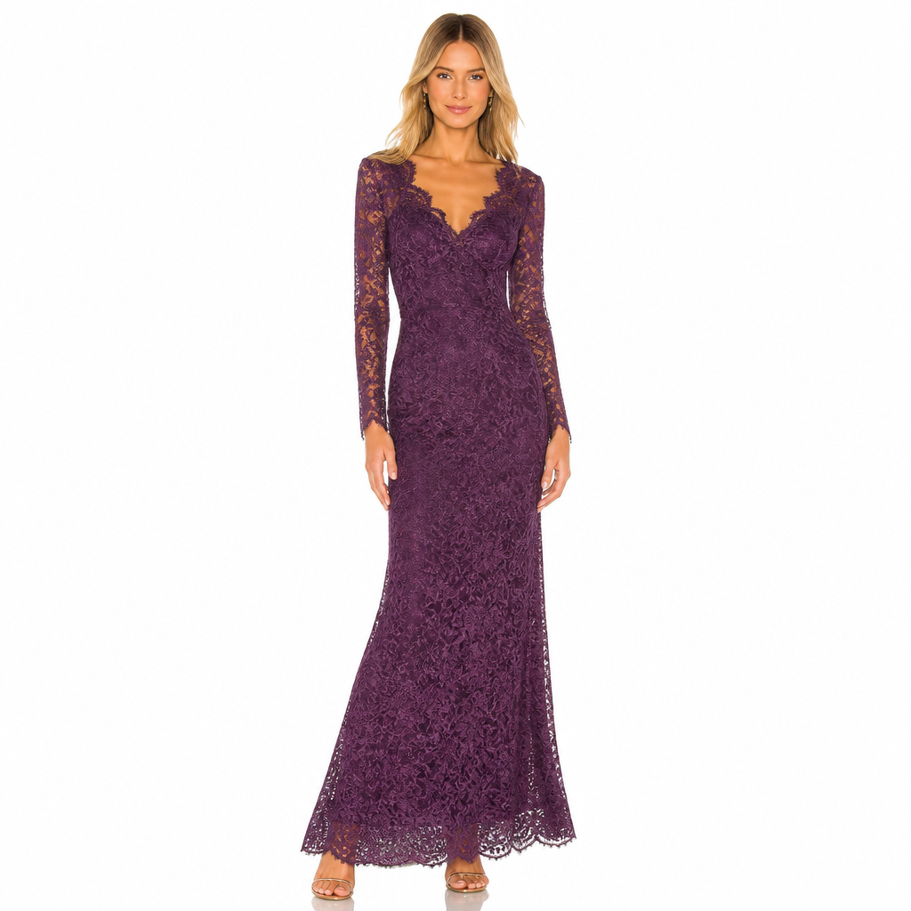 Women's Lace V-Neck Long Sleeve Maxi Dress