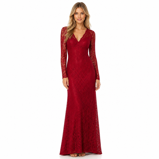 Women's Lace V-Neck Long Sleeve Maxi Dress