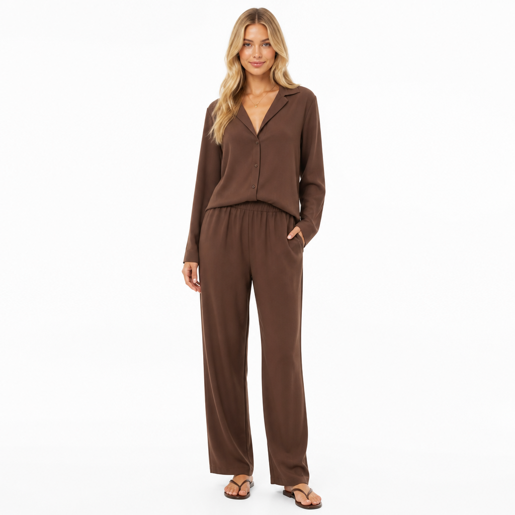 Women's Lapel Shirt-Blouse and Trouser Two-Piece Set
