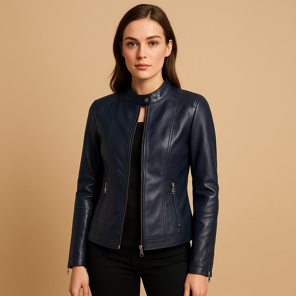 Women's Leather Biker Jacket with Zipper and Collar