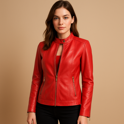 Women's Leather Biker Jacket with Zipper and Collar