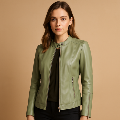 Women's Leather Biker Jacket with Zipper and Collar