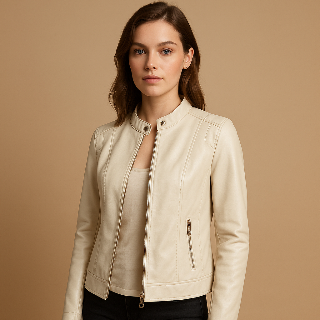 Women's Leather Biker Jacket with Zipper and Collar