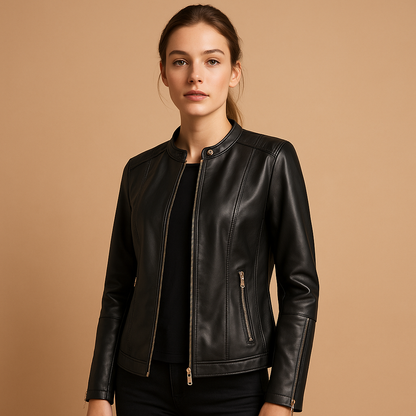 Women's Leather Biker Jacket with Zipper and Collar