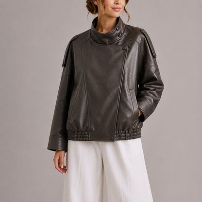 Women's Leather Bomber Jacket with High Collar