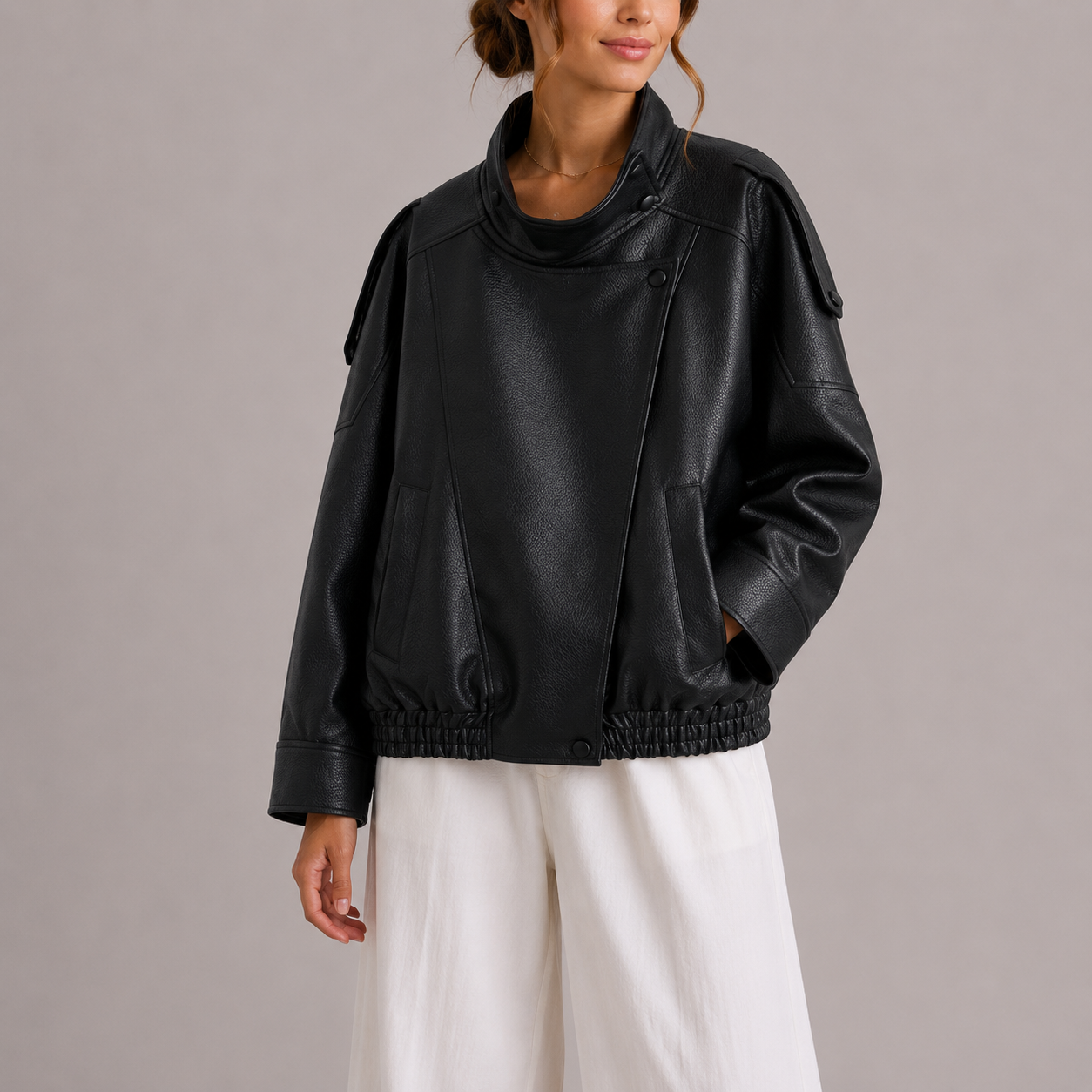 Women's Leather Bomber Jacket with High Collar