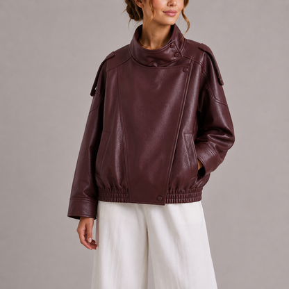 Women's Leather Bomber Jacket with High Collar