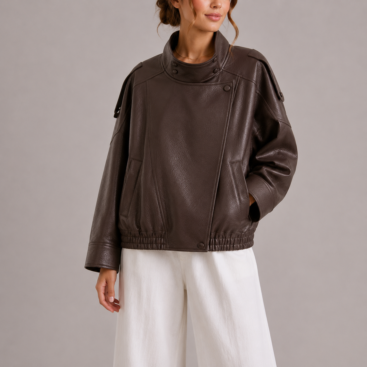 Women's Leather Bomber Jacket with High Collar