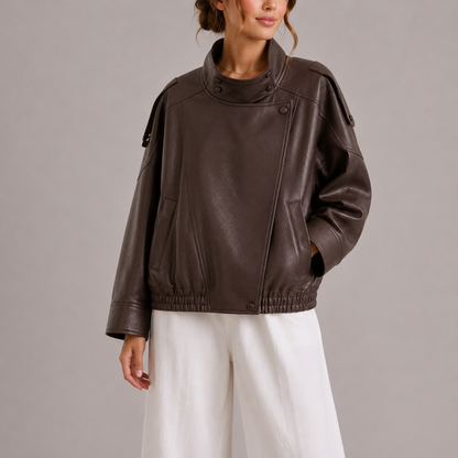 Women's Leather Bomber Jacket with High Collar