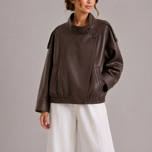 Women's Leather Bomber Jacket with High Collar
