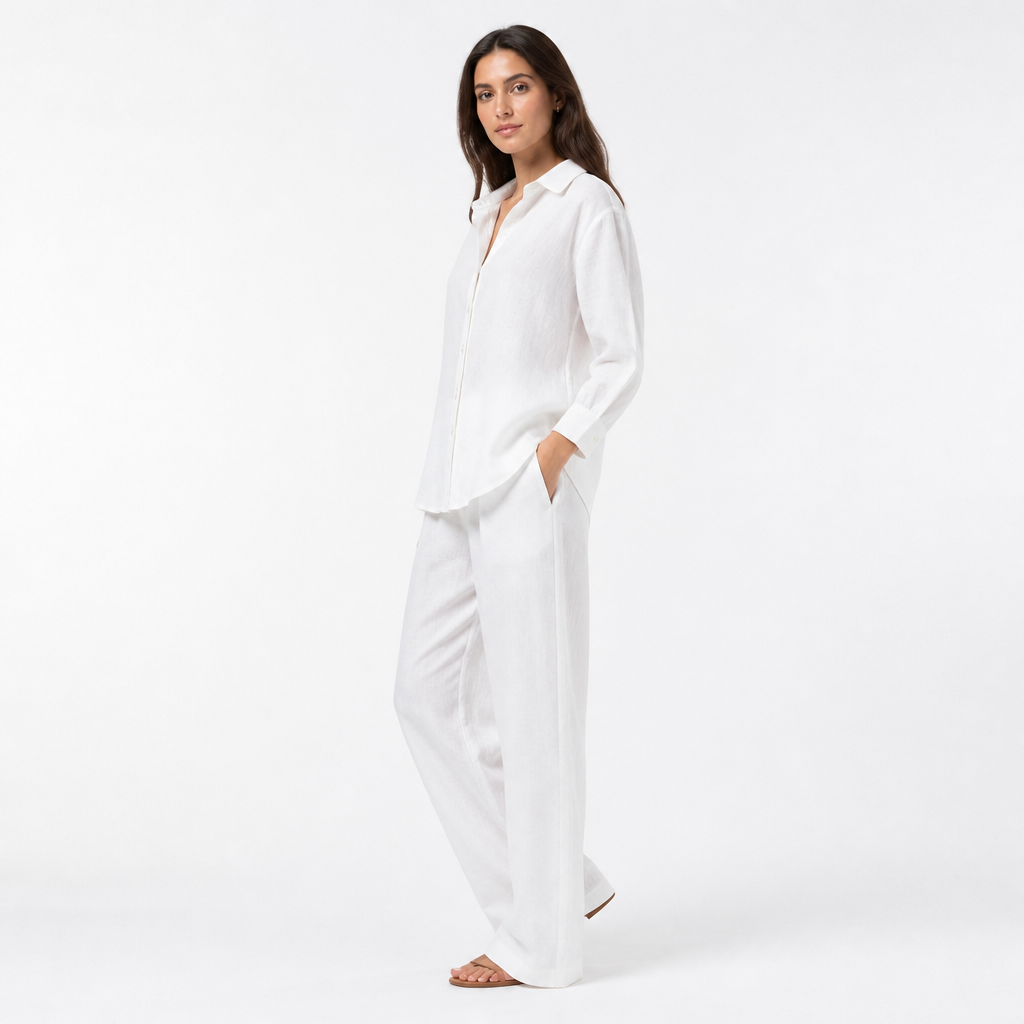 Women's Linen Blend Lapel Shirt and Trouser Set